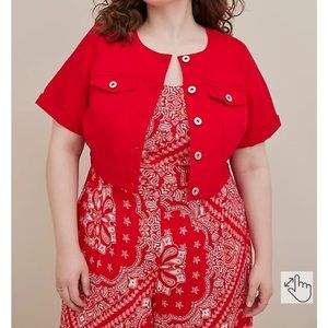 Collarless red denim jacket short